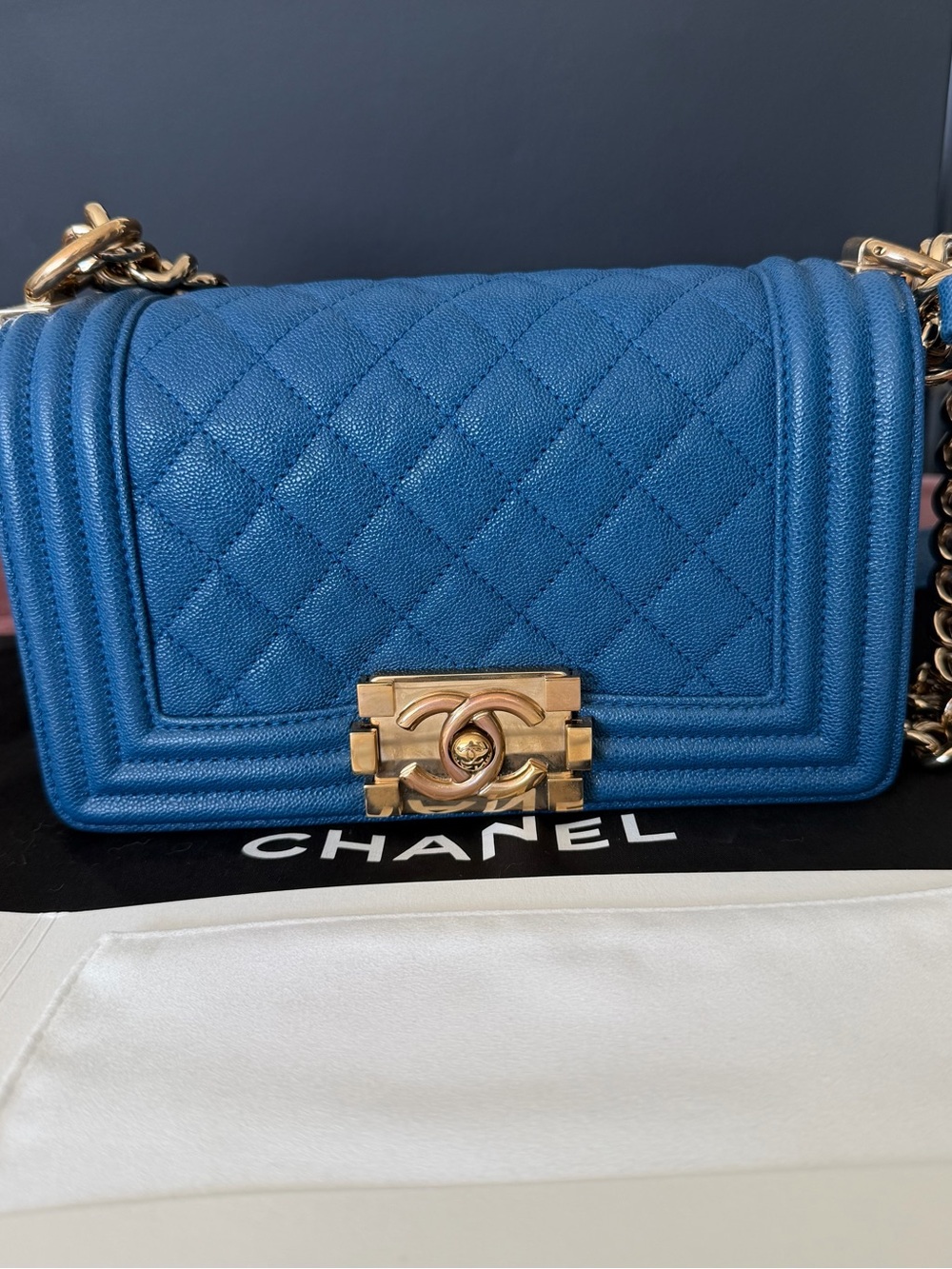 CHANEL Blue Quilted Small Boy Caviar Leather Crossbody with Gold Hardware 💙